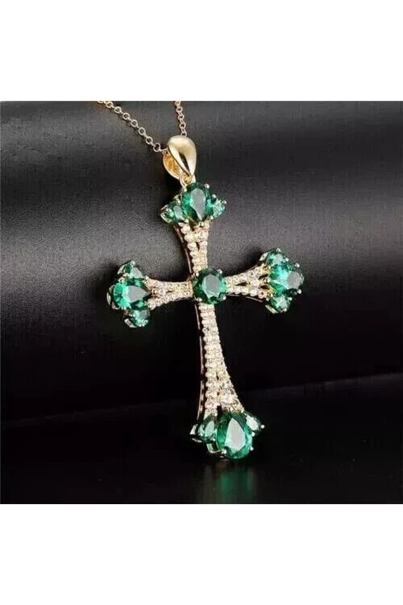 2Ct Round Cut Lab Created Green Emerald Women's Wedding Cross Pendant 14K Yellow Gold Plated 18" Free Chain