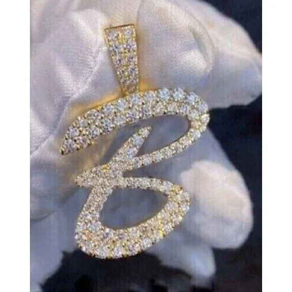 2Ct Round Cut Lab Created Men's "B" Initial Letter Pendant 14K Yellow Gold Plated