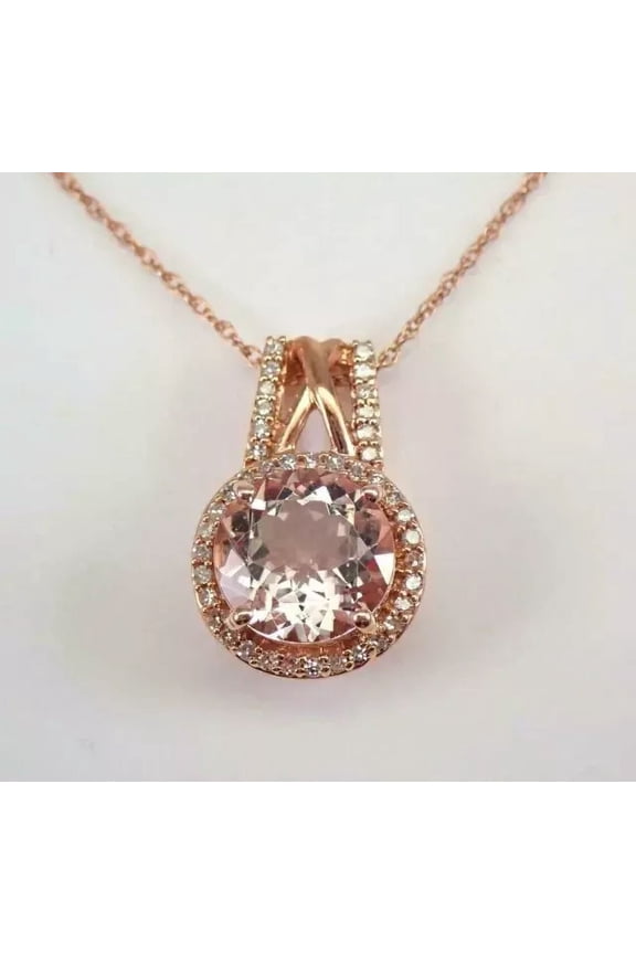 2Ct Round Cut Lab Created Morganite Diamond Halo Pendant 14K Rose Gold Finish