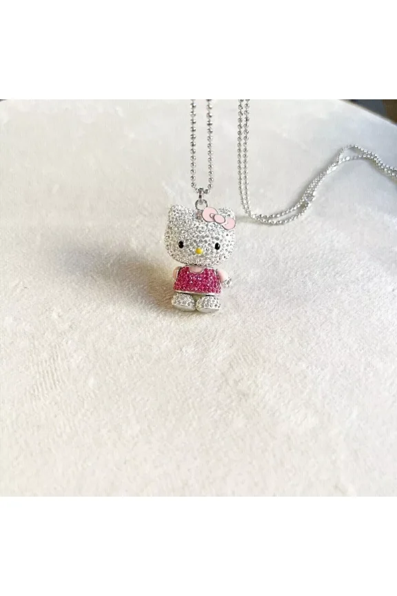 2Ct Round Cut Lab-Created Pink Ruby Hello Kitty Pendant 18'' 925 White Sterling Silver