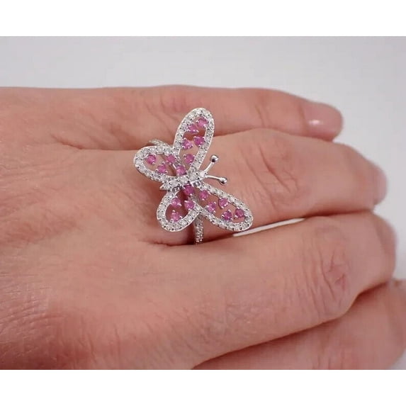 2Ct Round Cut Lab Created Pink Sapphire Butterfly Women's Wedding Ring 14K White Gold Plated 925 Silver