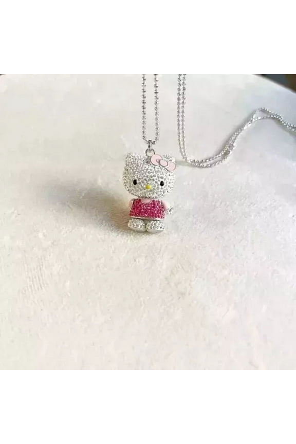 2Ct Round Cut Lab-Created Pink Sapphire Hello Kitty Pendant 14K White Gold Plated