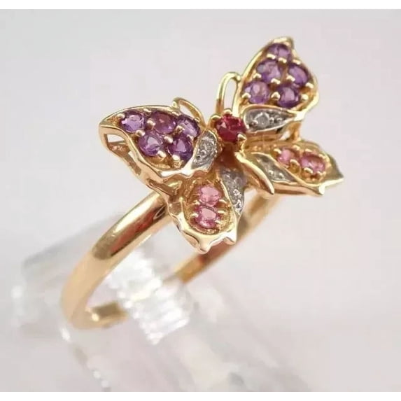 2Ct Round Cut Lab Created Purple Amethyst & Ruby Butterfly Engagement Ring 14K Yellow Gold Plated 925 Silver