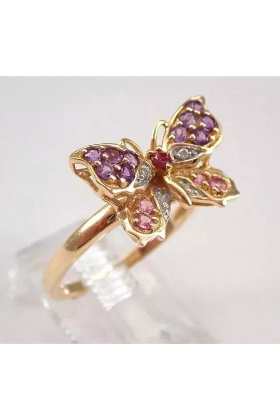 2Ct Round Cut Lab Created Purple Amethyst & Ruby Butterfly Engagement Ring 14K Yellow Gold Plated 925 Silver