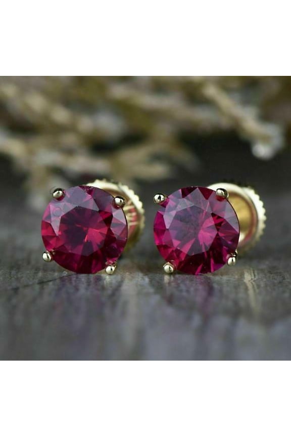 2Ct Round Cut Lab Created Red Ruby 14k Gold Plated Women's Stud Earrings