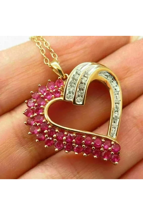 2Ct Round Cut Lab Created Red Ruby Diamond Heart Pendant 14K Yellow Gold Finish
