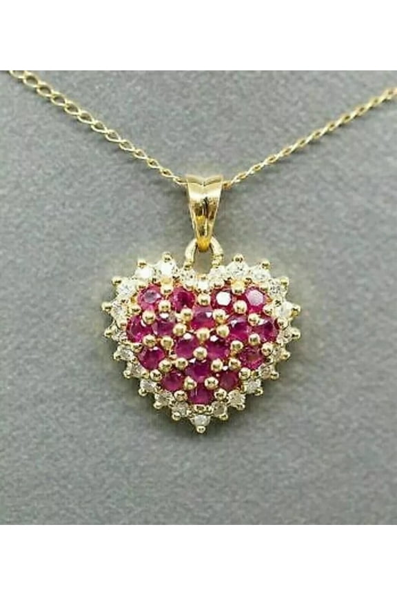 2Ct Round Cut Lab Created Red Ruby Heart Shape Pendant 14K Yellow Gold Finish Free Chain
