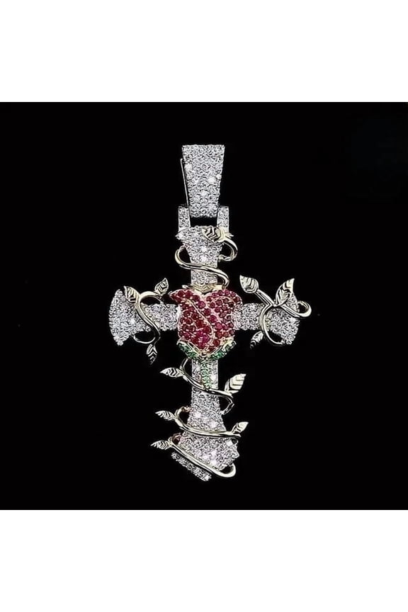 2Ct Round Cut Lab Created Red Ruby Men's Cross Rose Pendant 14K White Gold Plated Silver With Free Chain 18 Inch