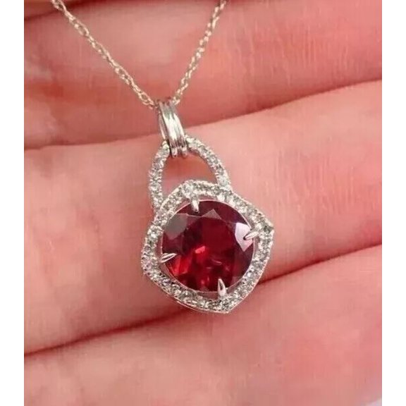 2Ct Round Cut Lab Created Red Ruby Women's Beauty Pendant 14K White Gold Plated