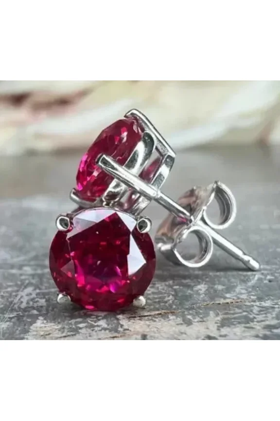 2Ct Round Cut Lab Created Red Ruby Women's Stud Earrings 14K White Gold Plated