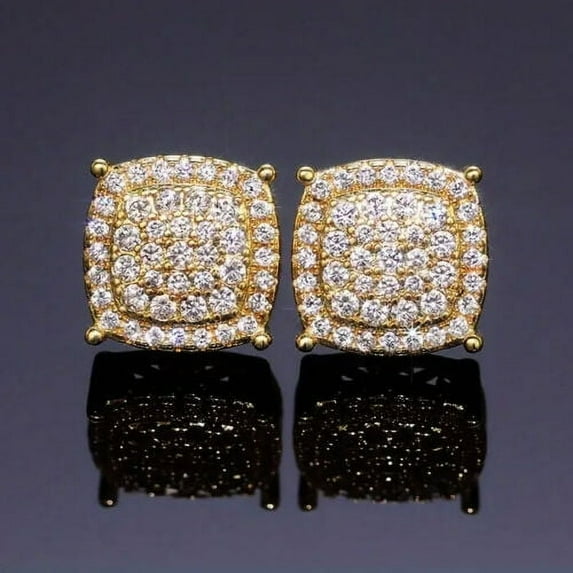 2Ct Round Cut Lab Created White Diamond Men's Women's Square Stud Earrings in 14K Yellow Gold Plated