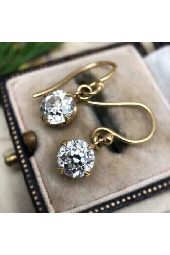 Round Dangle White, Moissanite Earrings, Yellow Gold-Plated, Moissanite 2 ct, 1