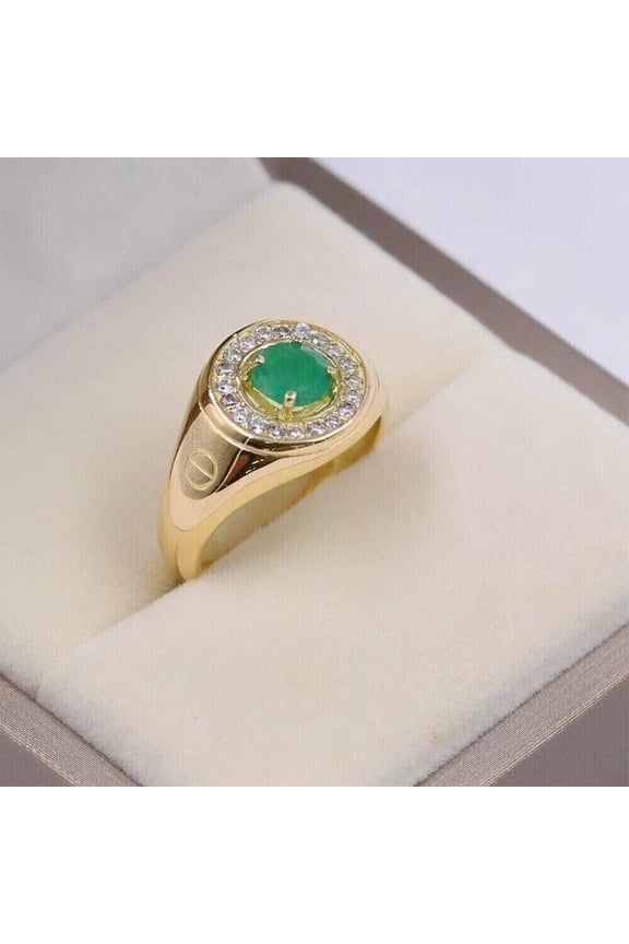 2Ct Round Cut Natural Emerald Men's Engagement Ring Band 14K Yellow Gold Plated