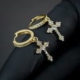 thumbnail image 1 of 2Ct Round Cut Natural Moissanite 14K Gold Plated Men's Dangle Hanging Cross Huggie Drop Hoop Earrings, 1 of 2