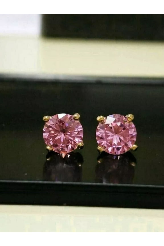 2Ct Round Cut Pink Diamond Lab Created Push Back Stud Earring 14K Yellow Gold Plated