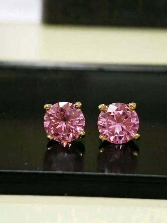 2Ct Round Cut Pink Diamond Lab Created Push Back Stud Earring 14K Yellow Gold Plated