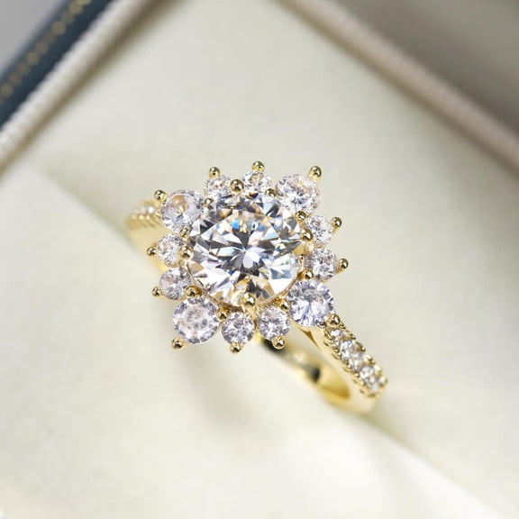 2Ct Round Cut Real Moissanite Diamond Cluster Engagement Ring 14K Yellow Gold Plated