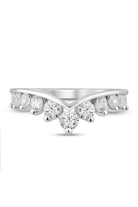 2Ct Round Cut Real Moissanite V Shape Curved Wedding Band Ring 14K White Gold Plated 925 Sterling Silver Stackable Anniversary Ring