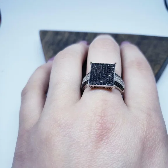 2Ct Round Cut Simulated Black Diamond Men's Cluster Engagement Ring 14K White Gold Plated 925 Silver For Him