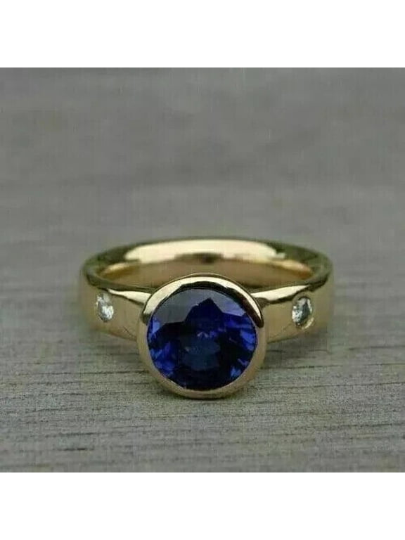 2Ct Round Cut Simulated Blue Sapphire Women's Bezel Set Engagement Ring 14k Yellow Gold Plated