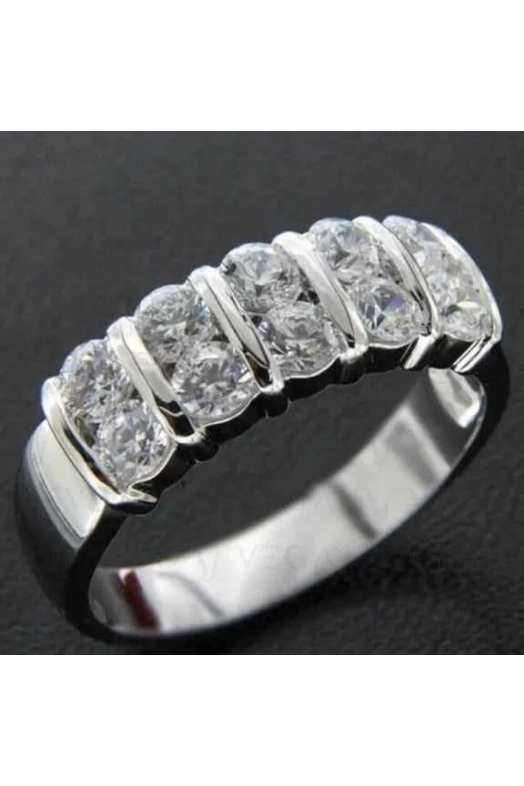 2Ct Round Cut Simulated Diamond Bnad Two Row Women's Engagement Wedding Ring 14k White Gold Plated 925 Silver