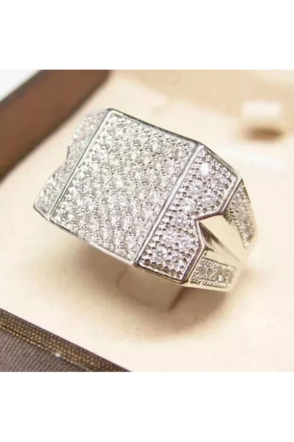 2Ct Round Cut Simulated Diamond Cluster Charm Men's Engagement Ring 14K White Gold Plated 925 Silver