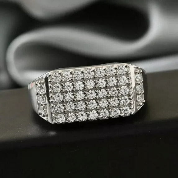 2Ct Round Cut Simulated Diamond Cluster Men's Wedding Ring 14K White Gold Plated 925 Sterling Silver