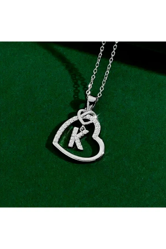 2Ct Round Cut Simulated Diamond Heart Initial "K" Letter Pendant 14k White Gold Plated Silver