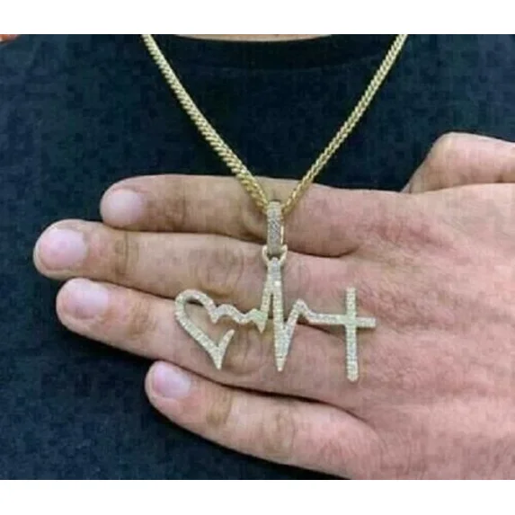 2Ct Round Cut Simulated Diamond Men's Heartbeat Pendant 14K Yellow Gold — free download