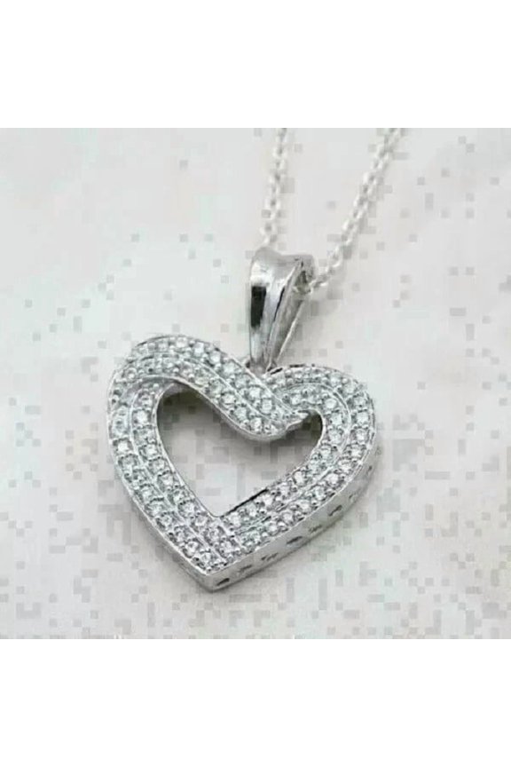 2Ct Round Cut Simulated Diamond Women's Weddings Gift Cluster Heart Shape Pretty Pendant 14K White Gold Plated 18"inch