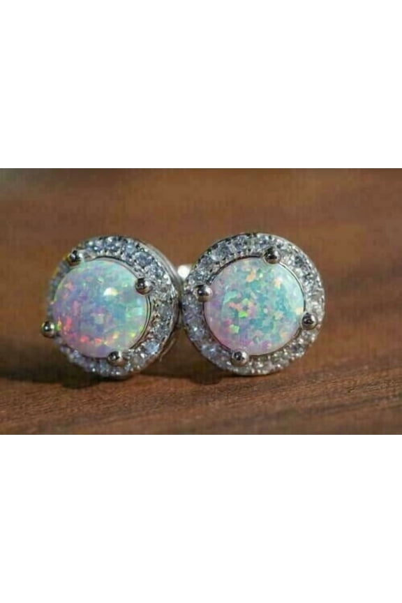 2Ct Round Cut Simulated Fire Opal & Diamond Halo Women's Stud Earrings In 14K White Gold Plated