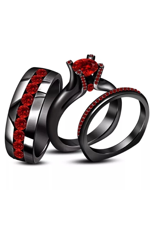 2Ct Round Cut Simulated Garnet His & Her Trio Ring Set 14K Black Gold Plated Silver