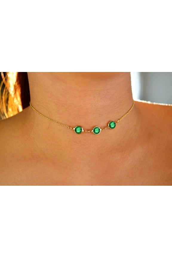2Ct Round Cut Simulated Green Emerald Bezel Set 16" Women's Weddings Choker Necklace in 14k Yellow Gold Plated