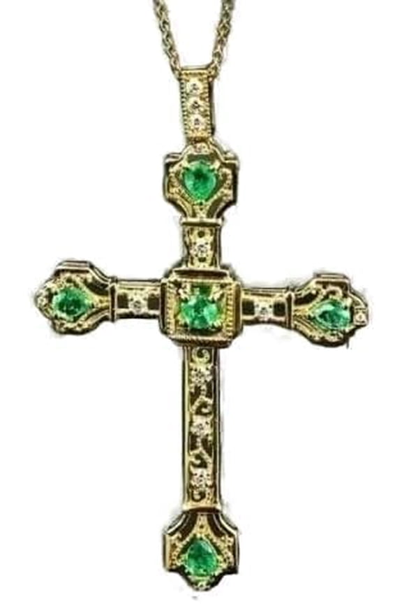 2Ct Round Cut Simulated Green Emerald Women's & Men's Cross Pendant 14K Yellow Gold Plated 925 Silver