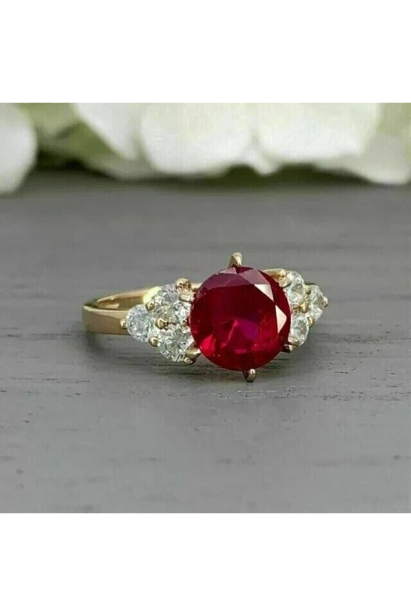 2Ct Round Cut Simulated Red Ruby 925 Silver Wedding Ring In 14k Yellow Gold Plated
