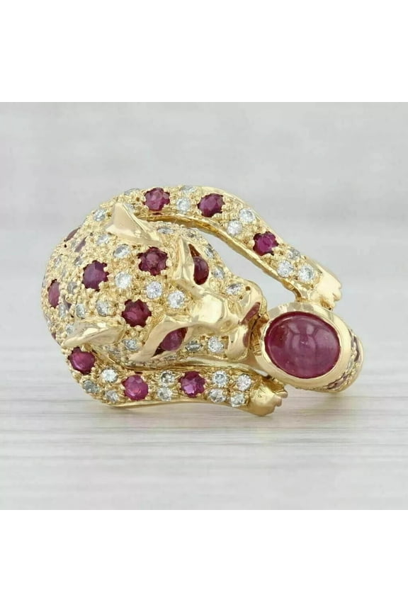 2Ct Round Cut Simulated Red Ruby Men's Halloween Party Panther Ring 14k Yellow Gold Plated