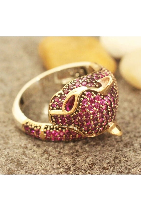 2Ct Round Cut Simulated Red Ruby Ring 14k Yellow Gold Plated Leopard Panther - Size 10