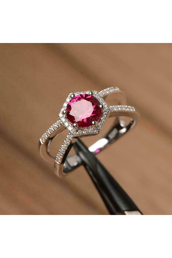 2Ct Round Cut Simulated Red Ruby Women's Halo Engagement Ring 14K White Gold Plated 925 Sterling Silver