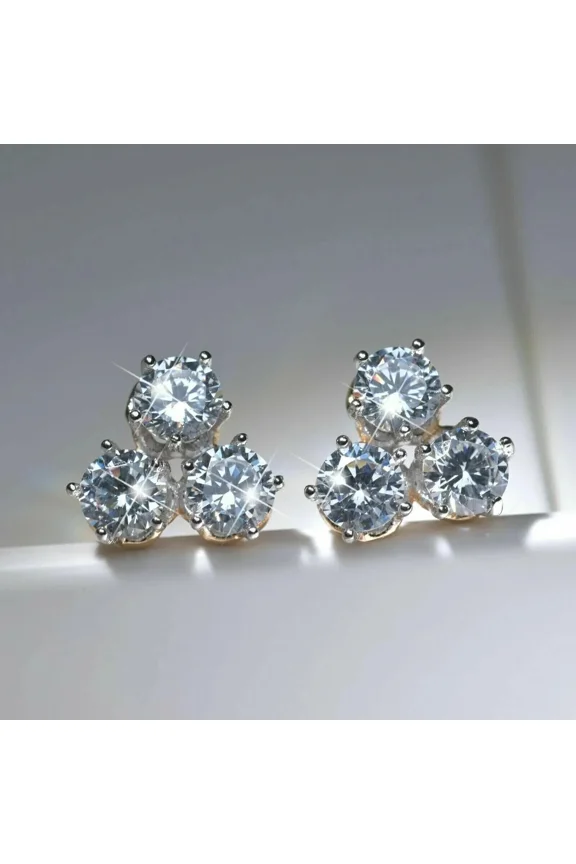 2Ct Round Cut White Moissanite Three Stone Stud Earrings 14K White Gold Plated Silver