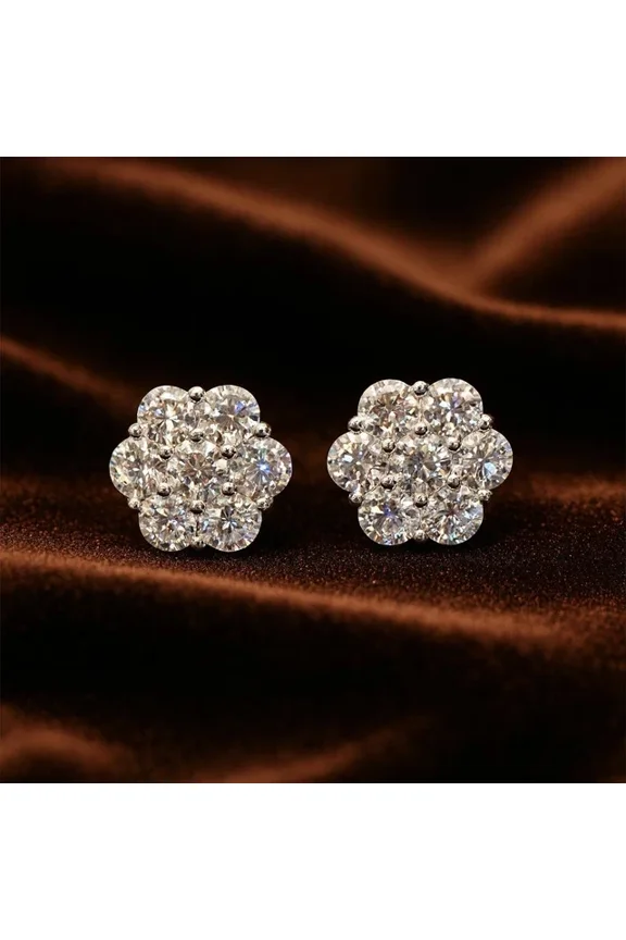 2Ct Round Lab Created Cluster Flower Earrings 14K White Gold Plated