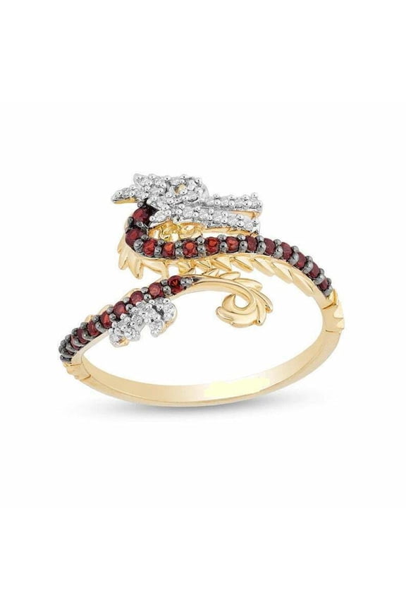 2Ct Round Lab Created Cut Red Garnet Face Dragon Ring 14k Two-Tone Gold Plated