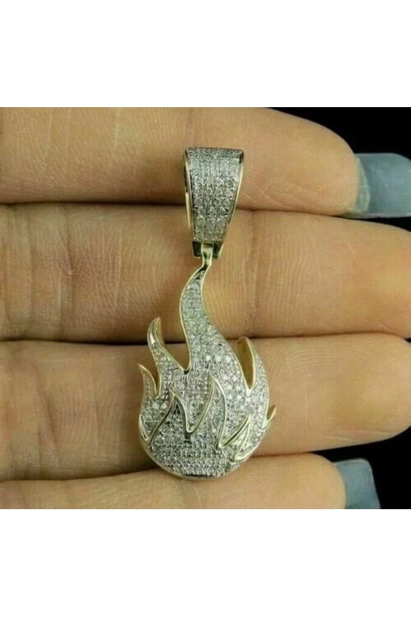 2Ct Round Lab Created Diamond Fire Flame Men's Pendant 14k Yellow Gold Plated