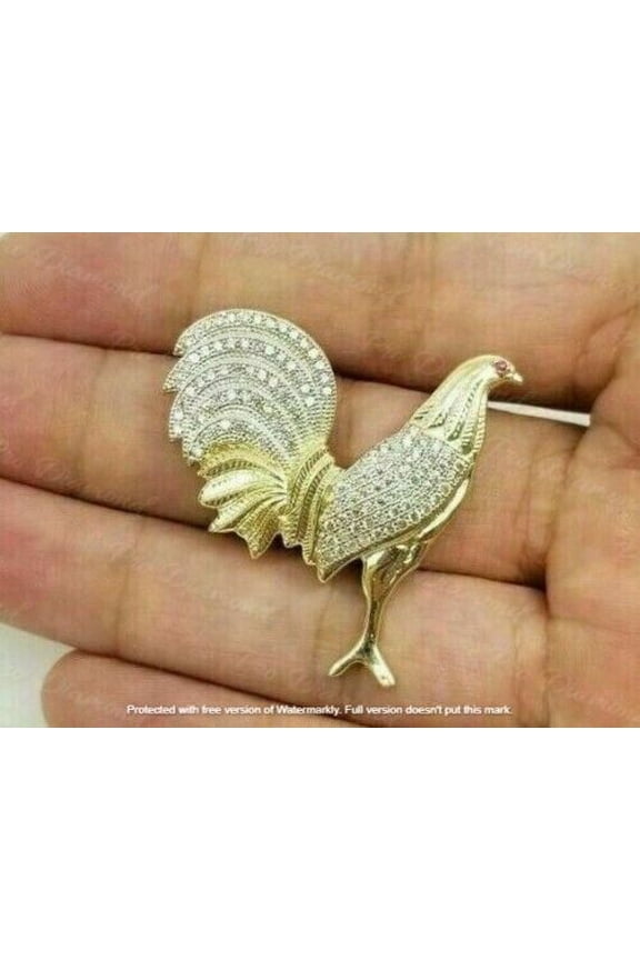2Ct Round Lab Created Diamond Rooster Pendant 14K Yellow Gold Plated Silver Free Chain