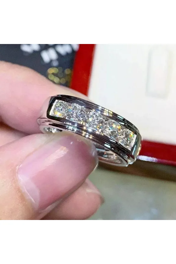 2Ct Round Lab-Created Moissanite Men's Ring Wedding 14K White Gold Plated Silver