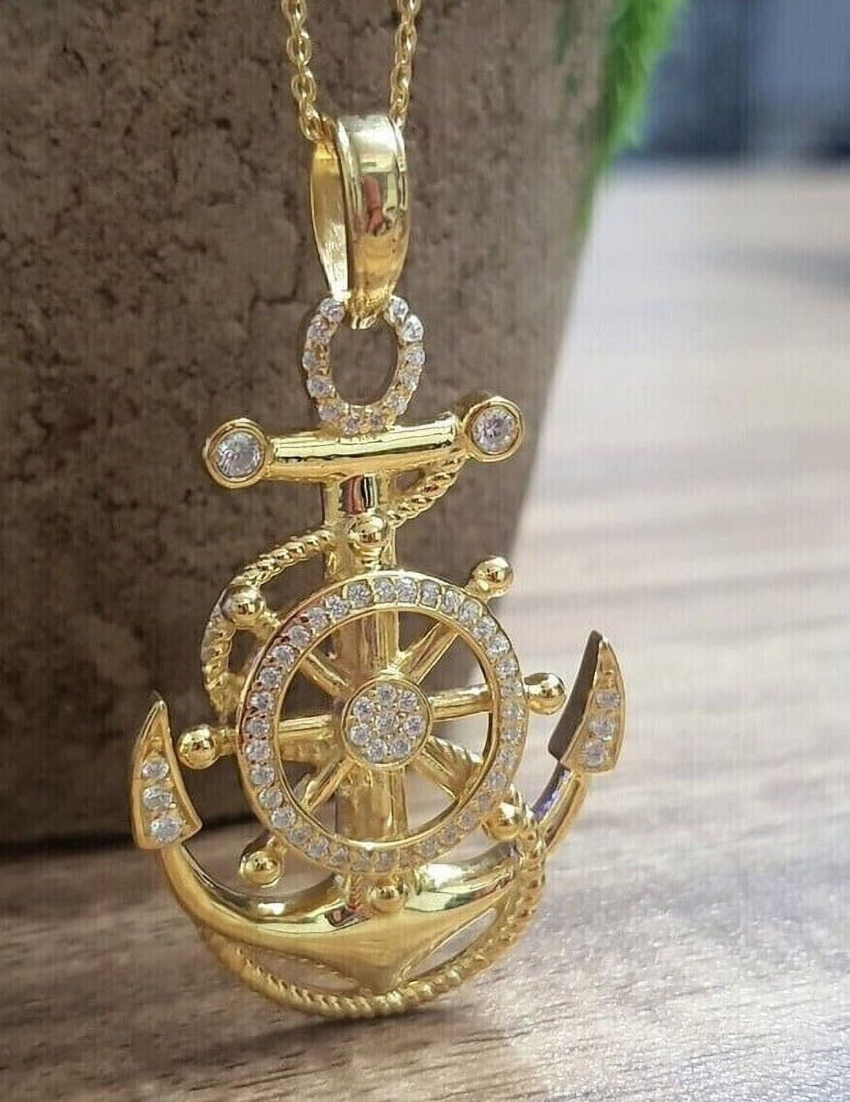 2Ct Round Simulated Diamond Men's Anchor Charm Pendant 14k Yellow