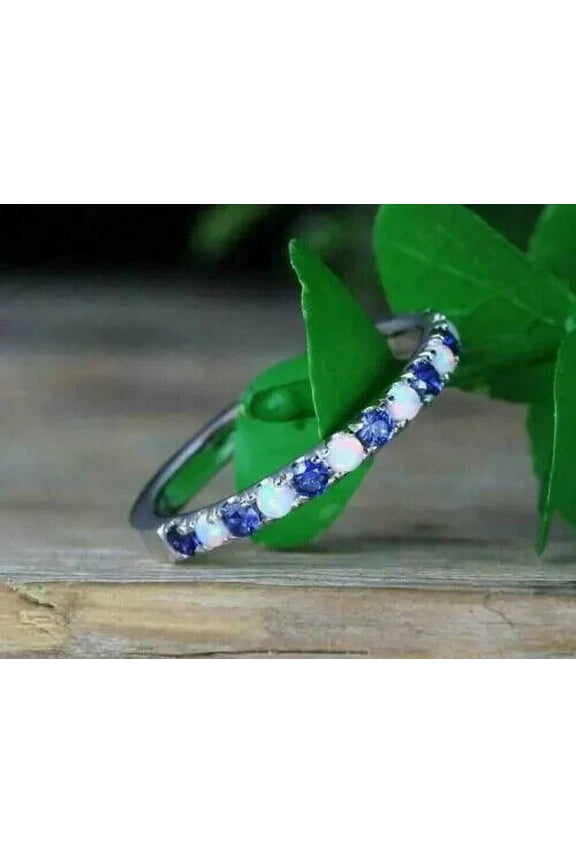 2Ct Round Simulated Fire Opal & Sapphire Women Eternity Wedding Band Ring 14K White Gold Plated