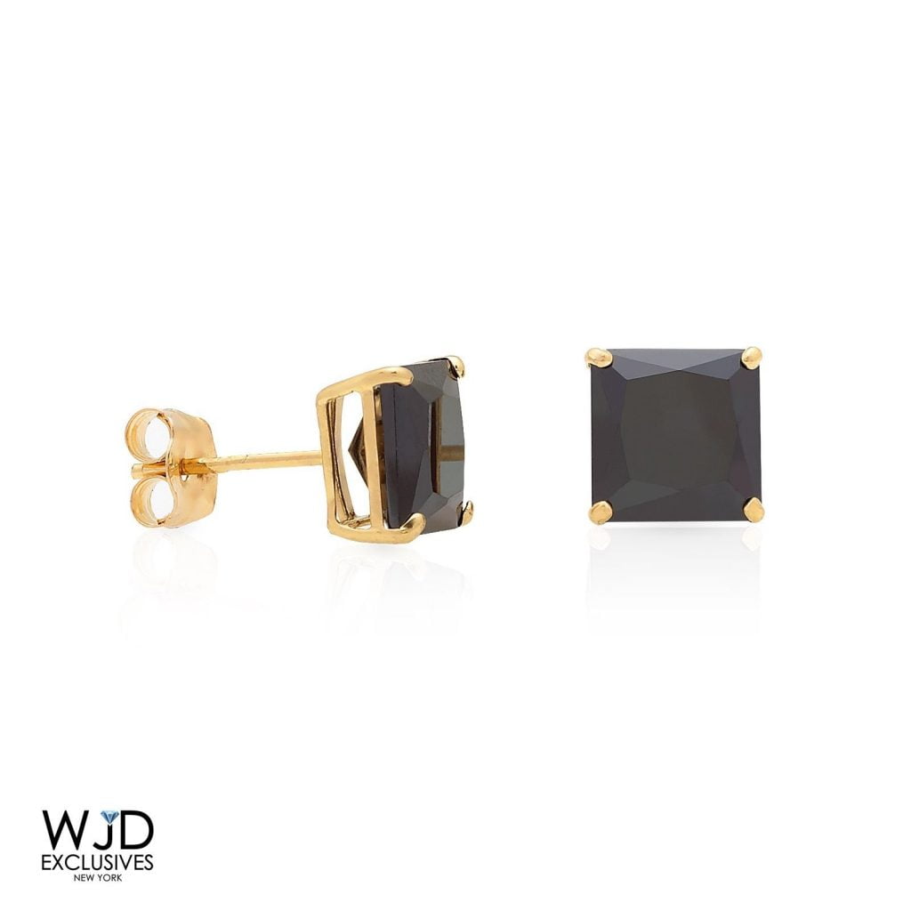 WJD EXCLUSIVES 2Ct Simulated Black Diamond Princess Cut 14K Yellow Gold Pushback Stud Earrings