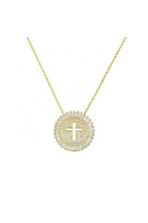 2Ct Simulated Diamond 925 Silver Circle Cross Pendant Necklace In 14k Yellow Gold Plated