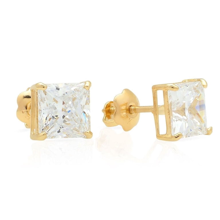 14K Yellow Gold Princess Cut Cubic Zirconia Stud Earrings – 2MM, Screw Back For Pierced Ears