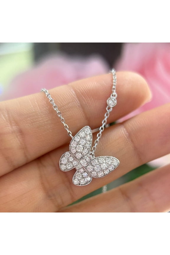 2Ct Simulated Diamond Round 14k White Gold Plated Butterfly Pendant Necklace